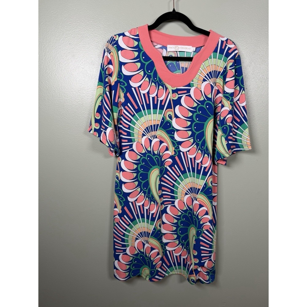 Tracy Negoshian Peacock Print Tunic Dress Womens Large Colorful Stretch Boho